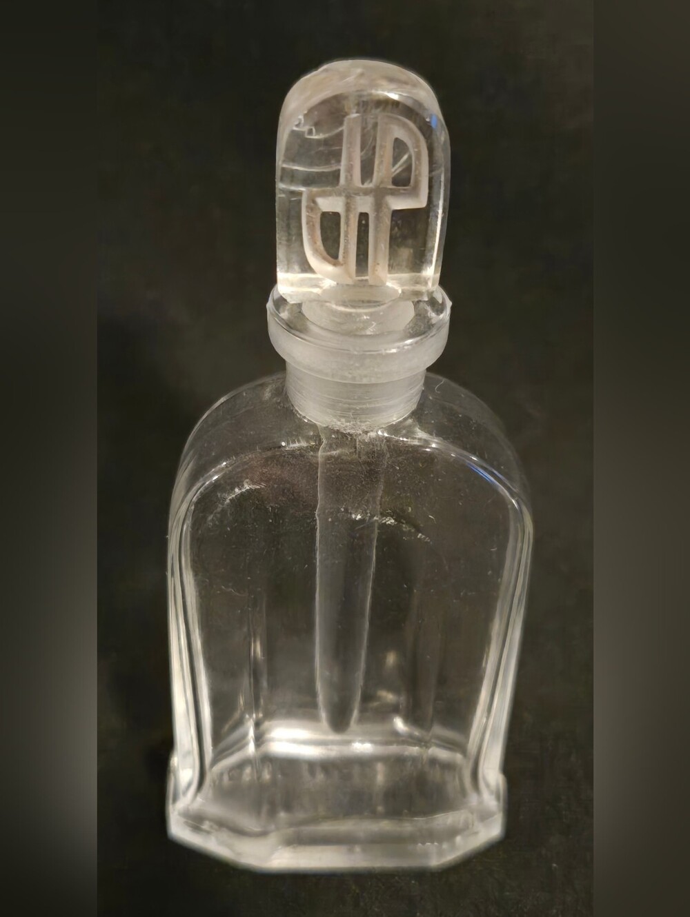 Vintage Jean Patou Clear Glass Perfume Bottle with Decorative Stopper